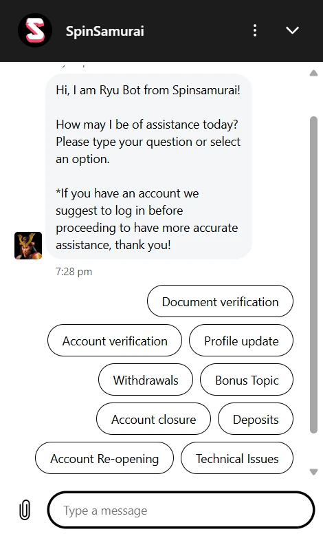 Spin Samurai customer support chat window